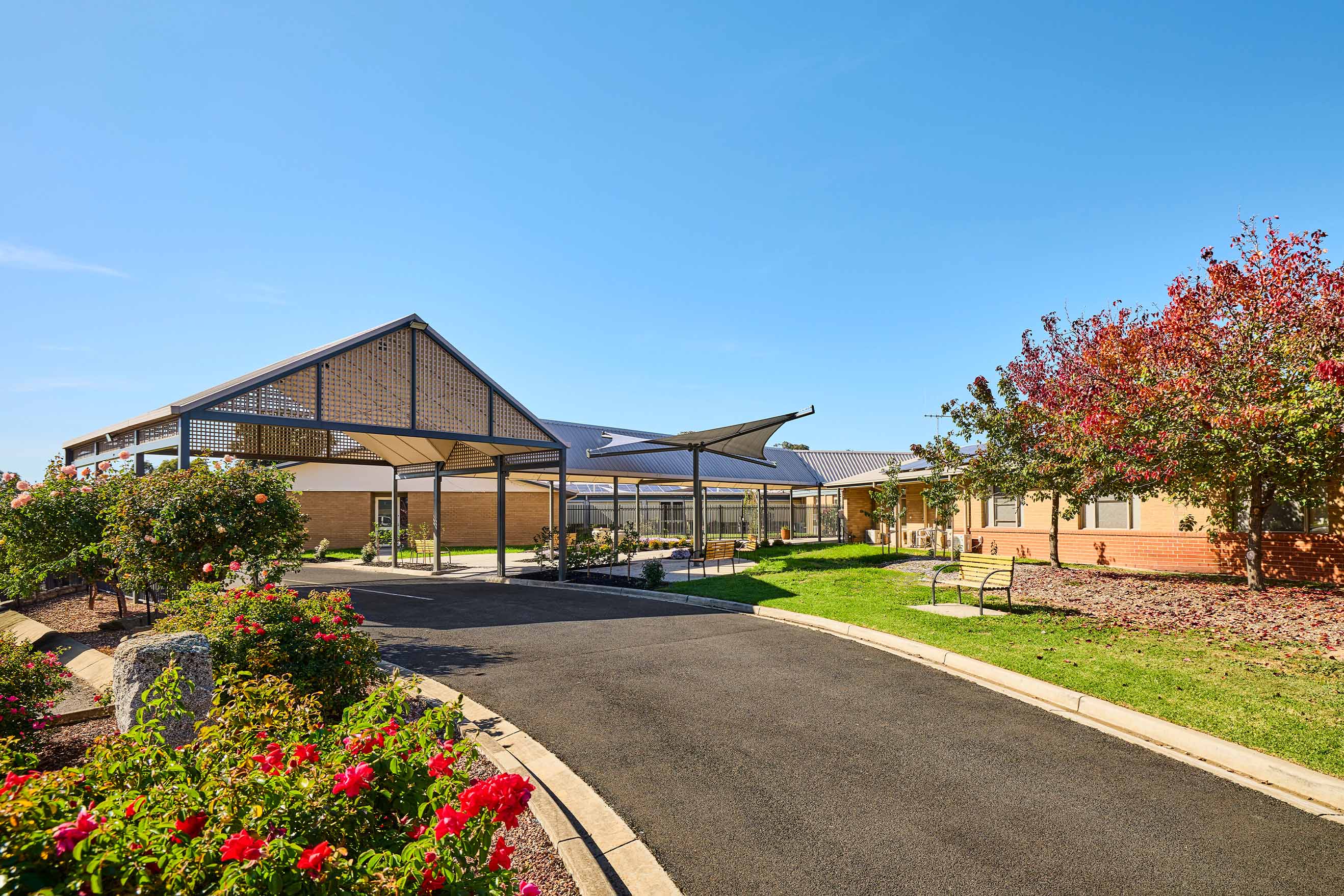 Exterior entrance and landscaped gardens at Benetas Eaglehawk