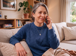 Daughter getting answers to aged care question over the phone with Benetas Customer Centre
